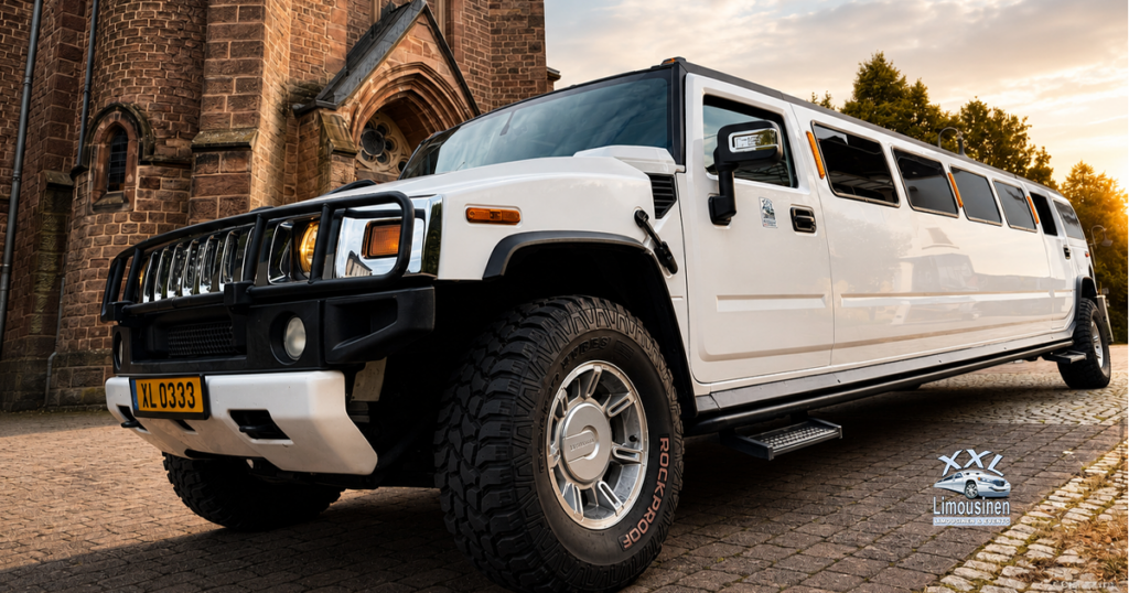 Weiße Hummer H2 Stretchlimousine von XXL Limousinen vor einer Kirche im Saarland